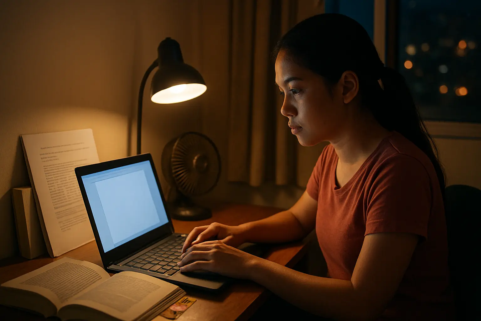 A Filipino psychology student writing a discussion paragraph on a laptop at night with a printed results table and a bound literature review beside it