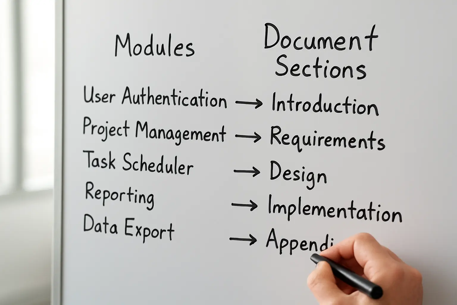 A whiteboard mapping software modules on the left to thesis chapter sections on the right