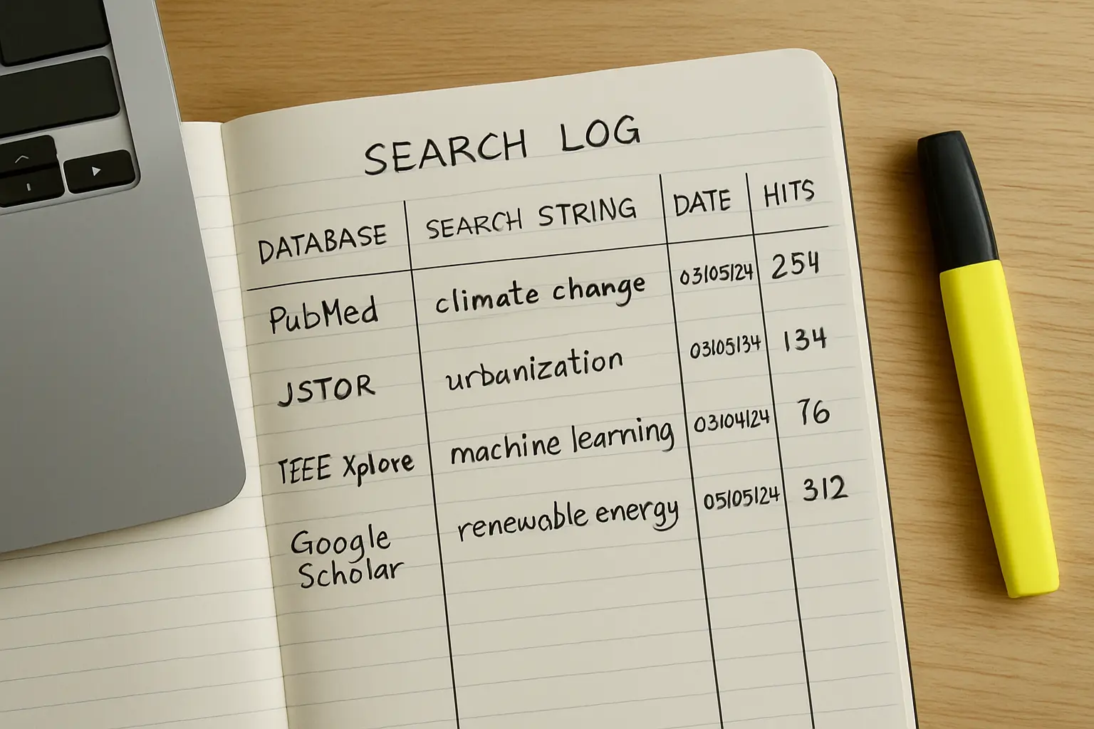 A handwritten search log listing database names, search strings, date searched and number of hits
