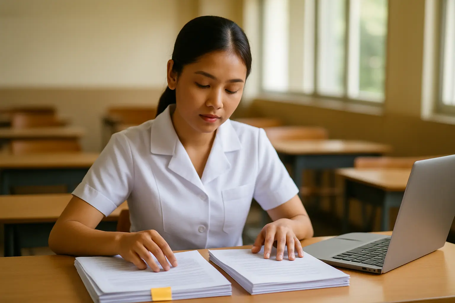 A Filipino nursing student comparing a stack of pre-test and post-test knowledge questionnaires before encoding them