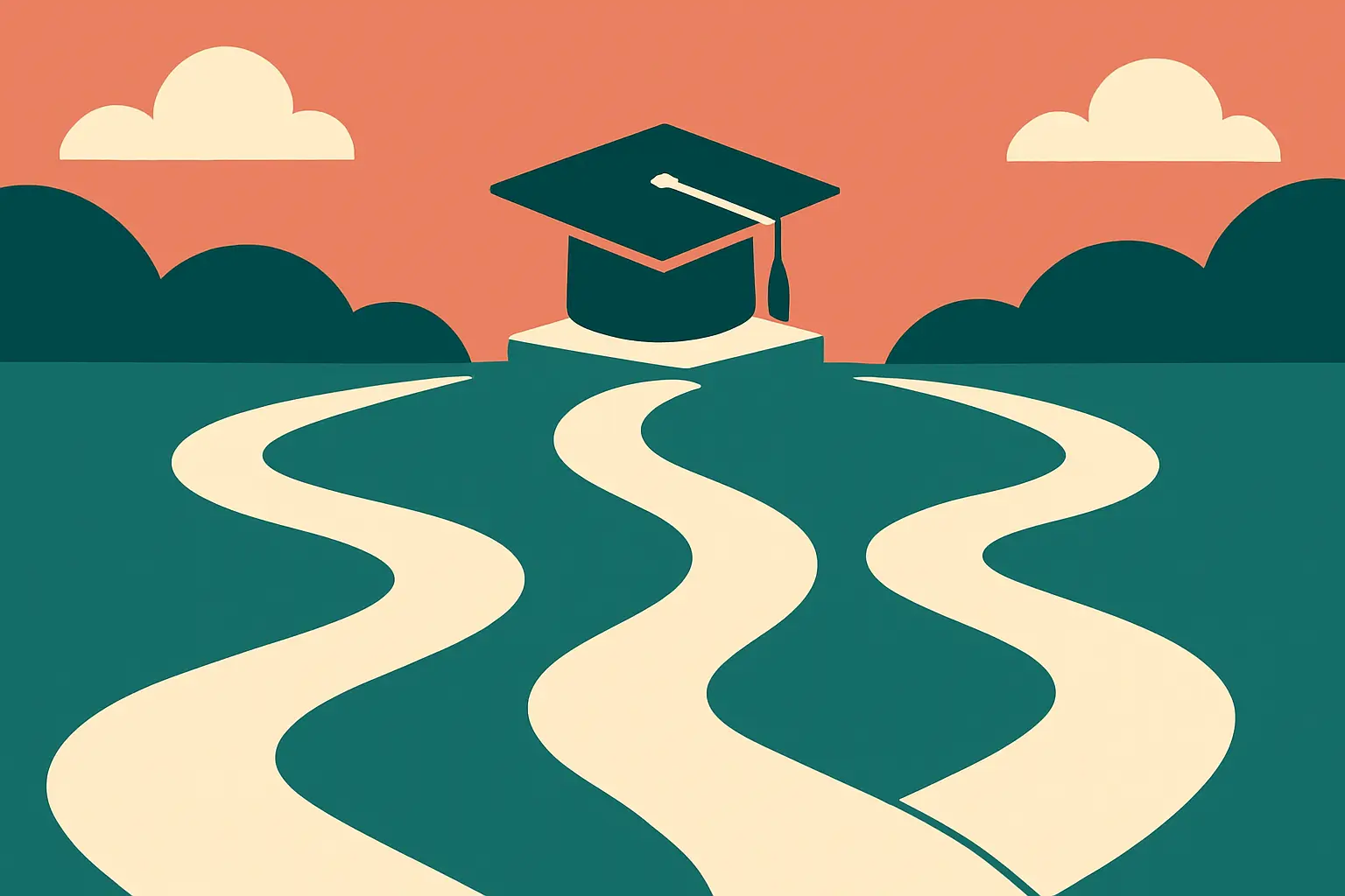 Flat vector illustration of two academic routes leading to the same graduation outcome