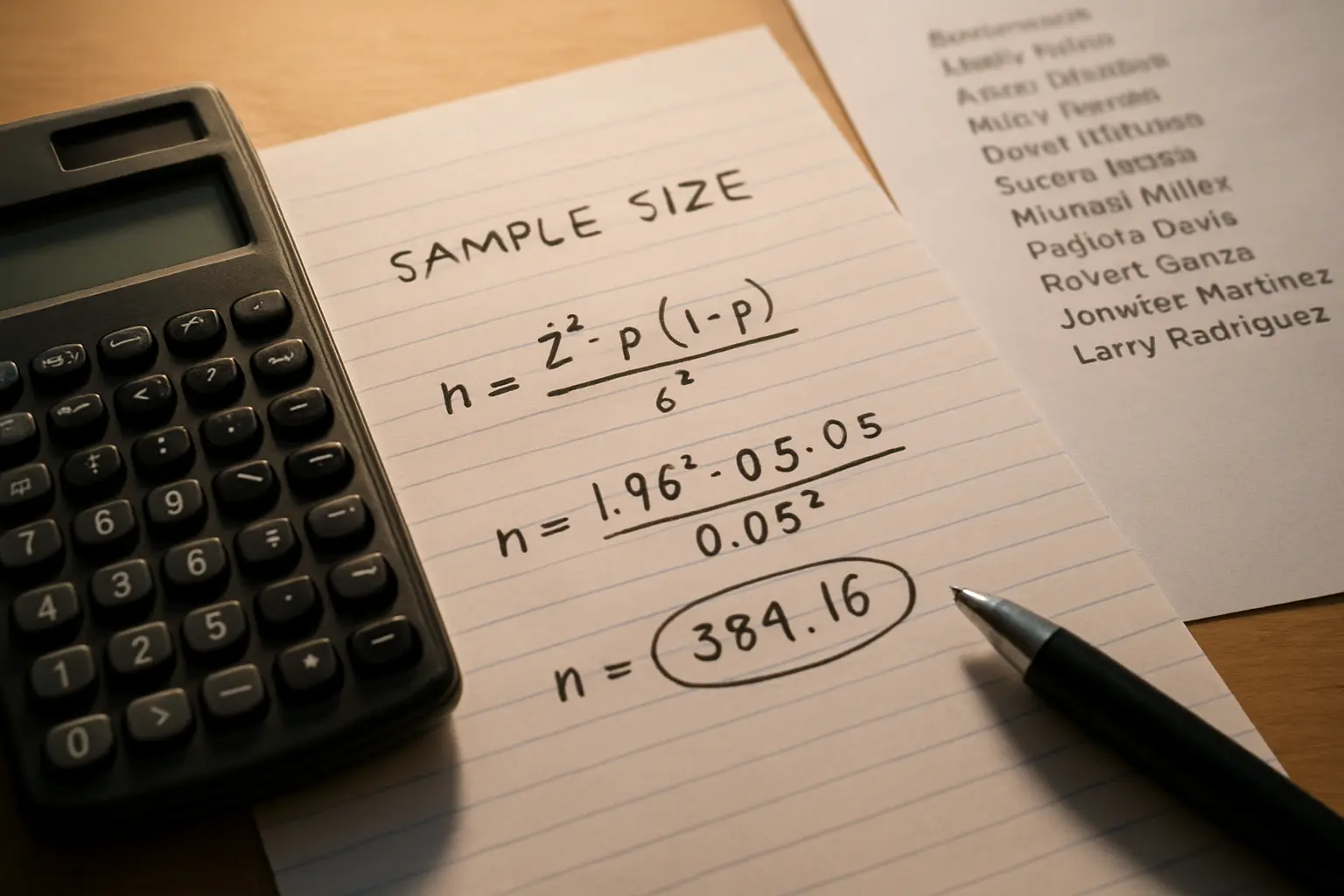 A handwritten sample size computation in a notebook beside a calculator and a respondent list