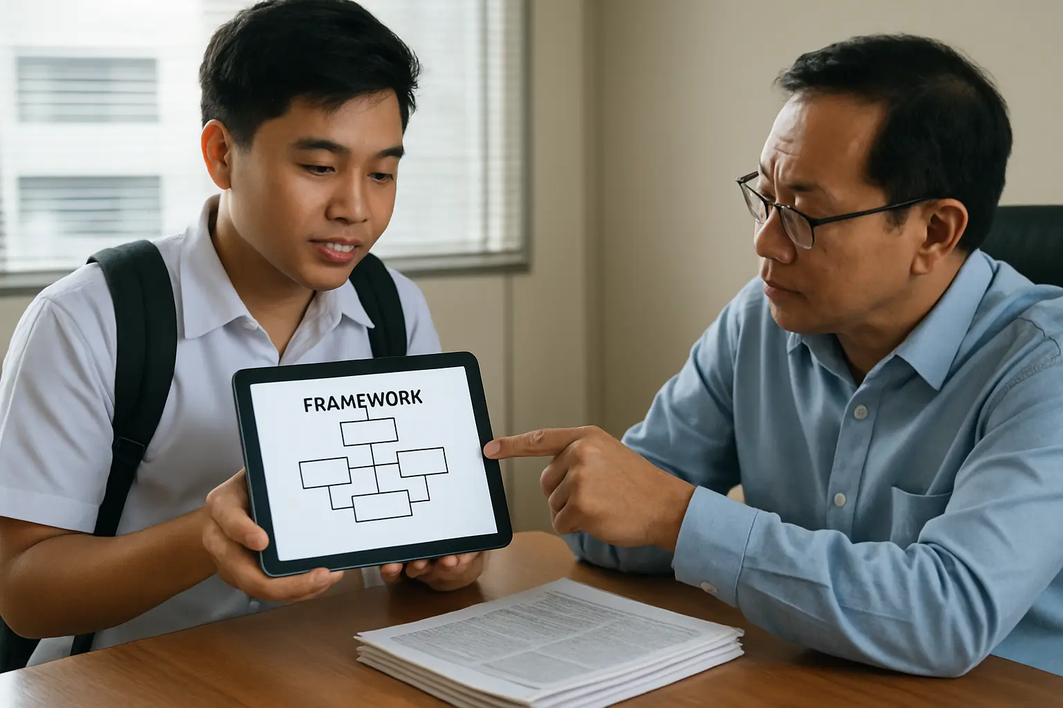 A Filipino adviser pointing at one box of a framework diagram shown on a student's tablet