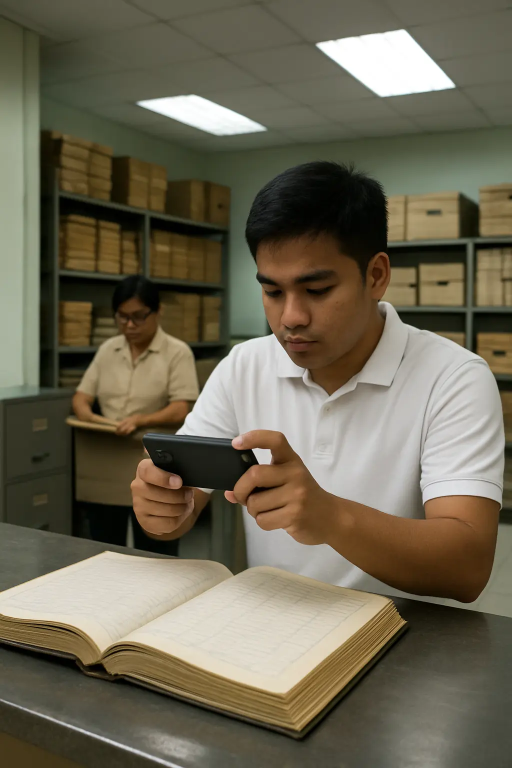 A Filipino political science student photographing pages of bound local election records at a records office counter