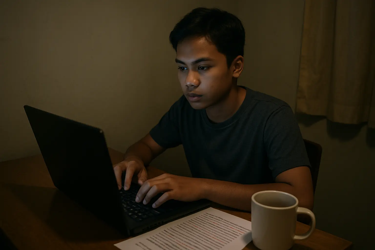 A Filipino student rewriting a thesis results chapter on a laptop late at night