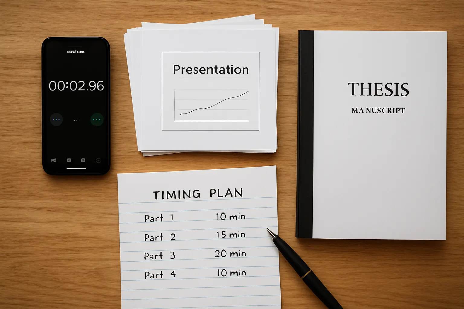 A phone stopwatch running beside printed defense slides and a bound thesis manuscript during a timed rehearsal