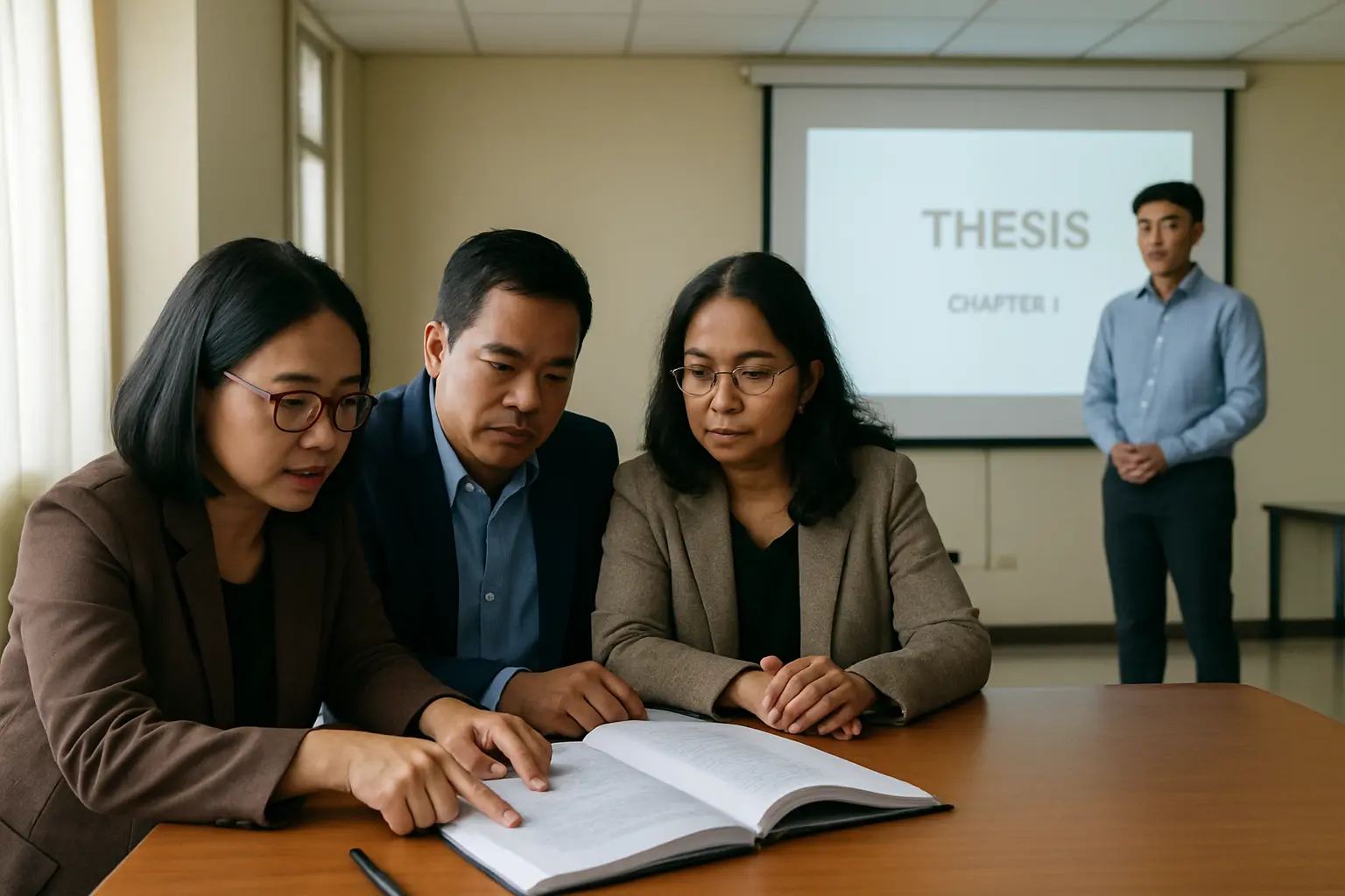 Thesis panelists reading a bound results chapter across a table from a student