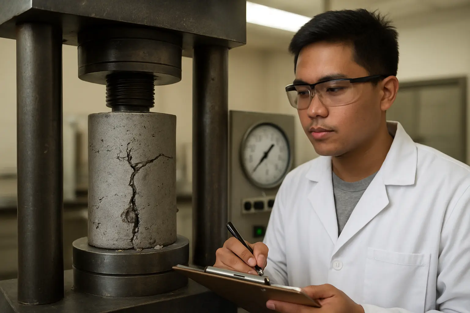 A concrete cylinder failing in a compression testing machine in a Philippine university materials laboratory while a student records the load reading