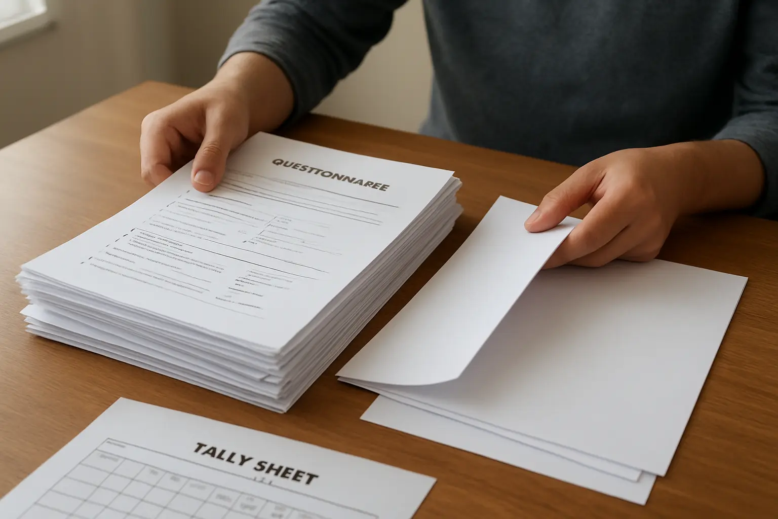 A student separating returned questionnaires into two piles, several of them with blank pages