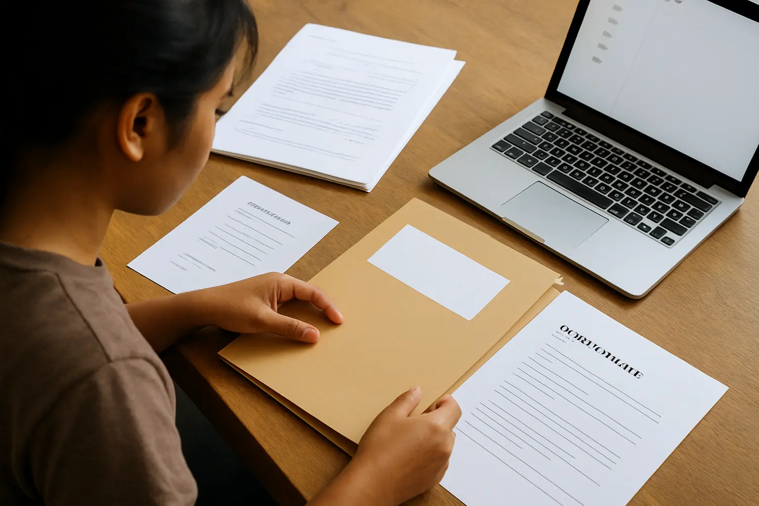 A student assembling a single folder of approved thesis documents to hand to a new adviser