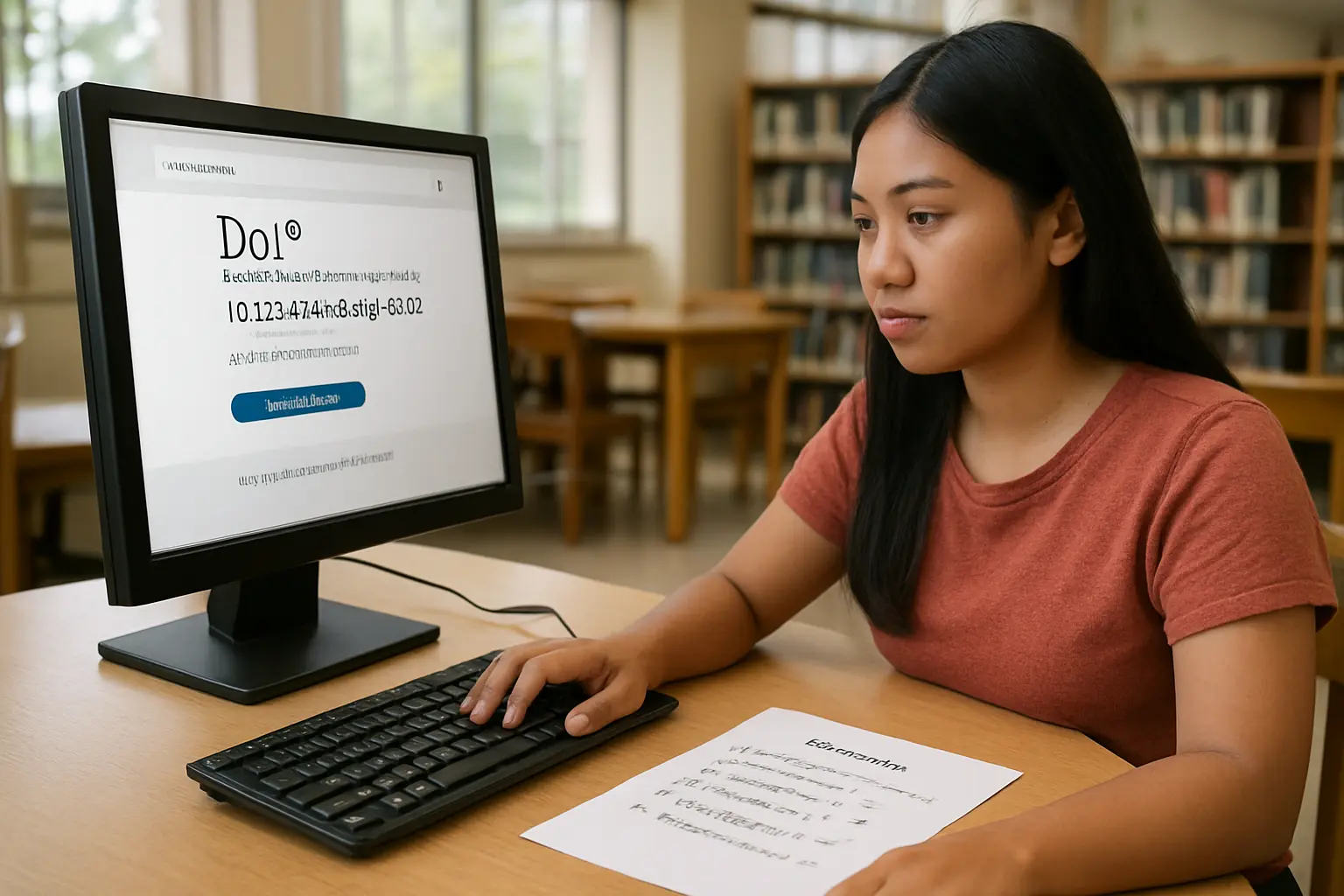 A student checking a paper's DOI landing page against a printed reference list marked with ticks and one cross