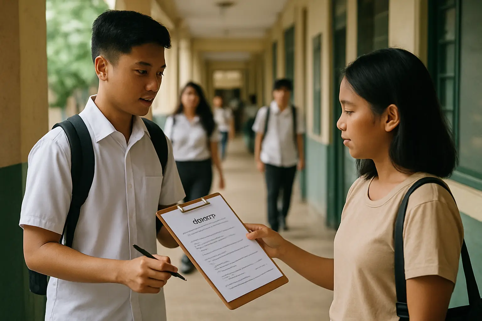 A Filipino student administering a printed thesis questionnaire to a respondent in a school corridor