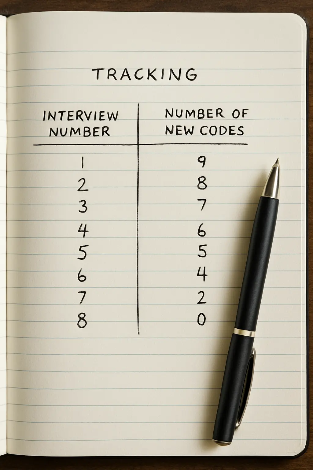 A handwritten saturation table logging new codes per interview, with the count falling to zero in the final rows