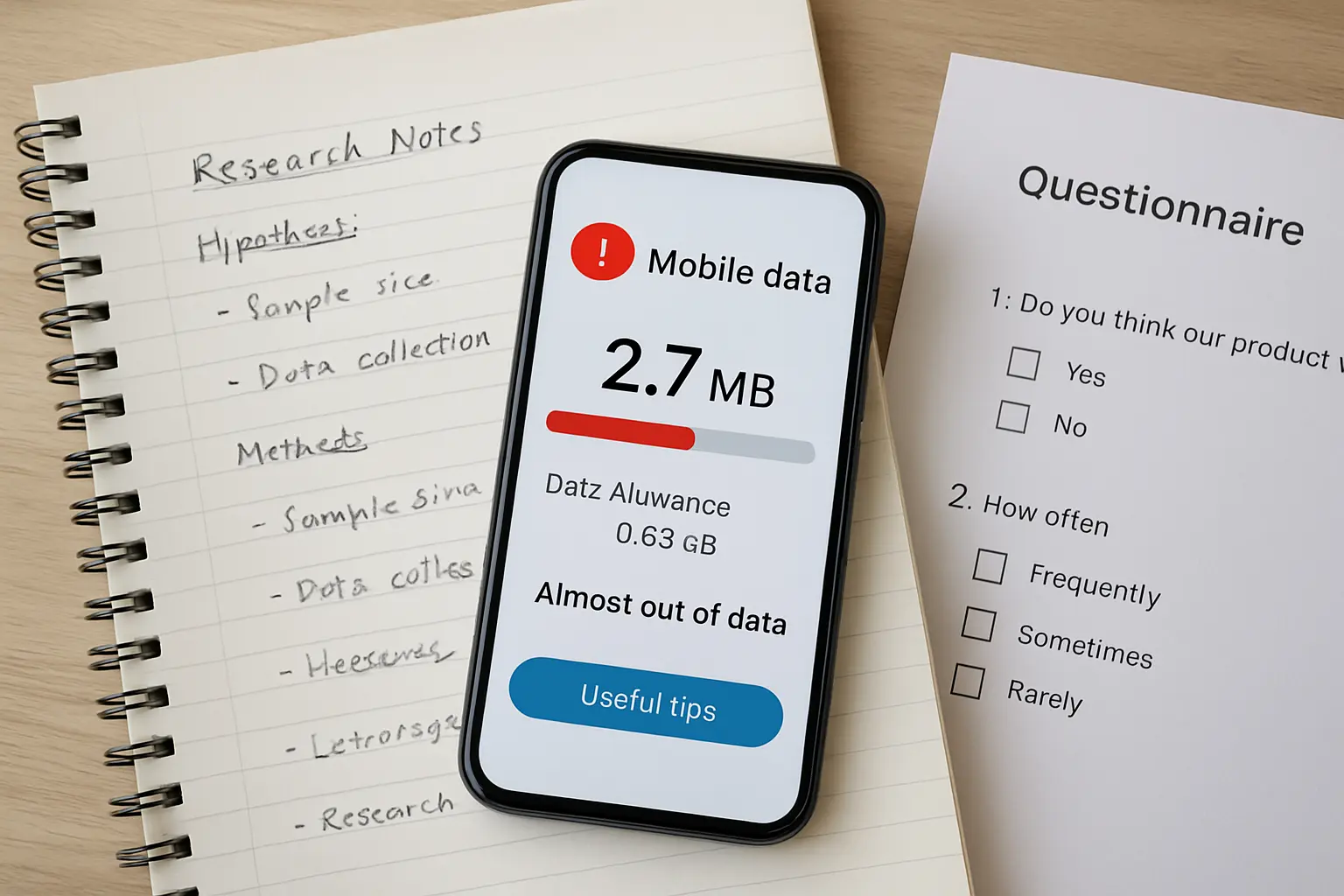 A phone showing an almost empty mobile data balance resting on handwritten research notes and a printed questionnaire