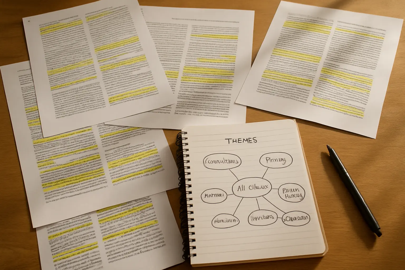 Annotated journal articles beside a notebook page grouping themes into clusters