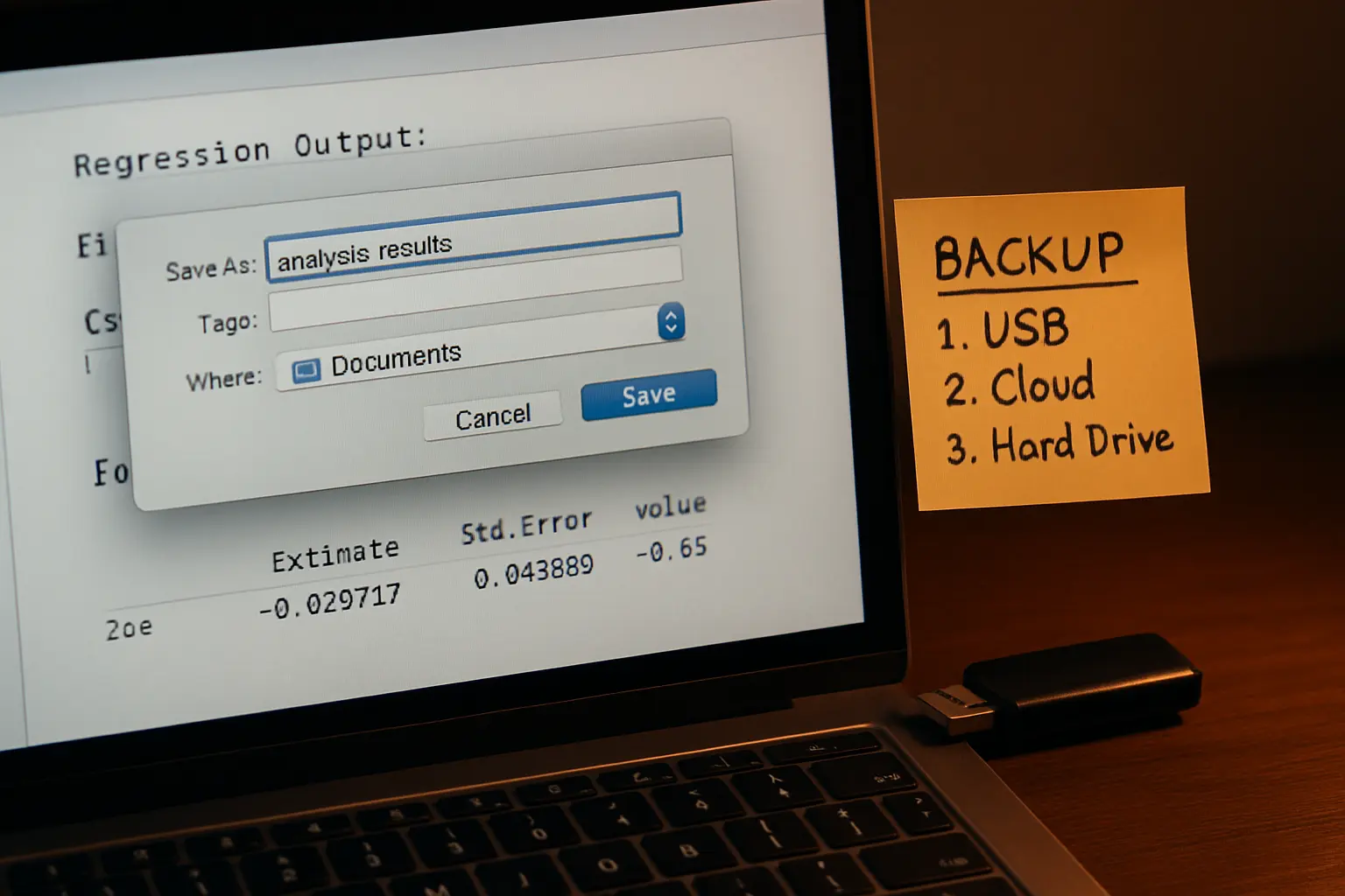 A student saving a statistics output file to a labelled folder on a laptop with an external drive plugged in