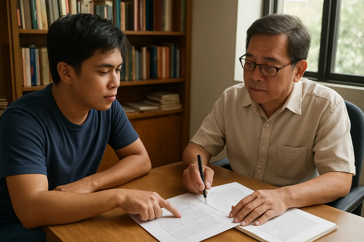 A student explaining a change of statistical test to a seated thesis adviser