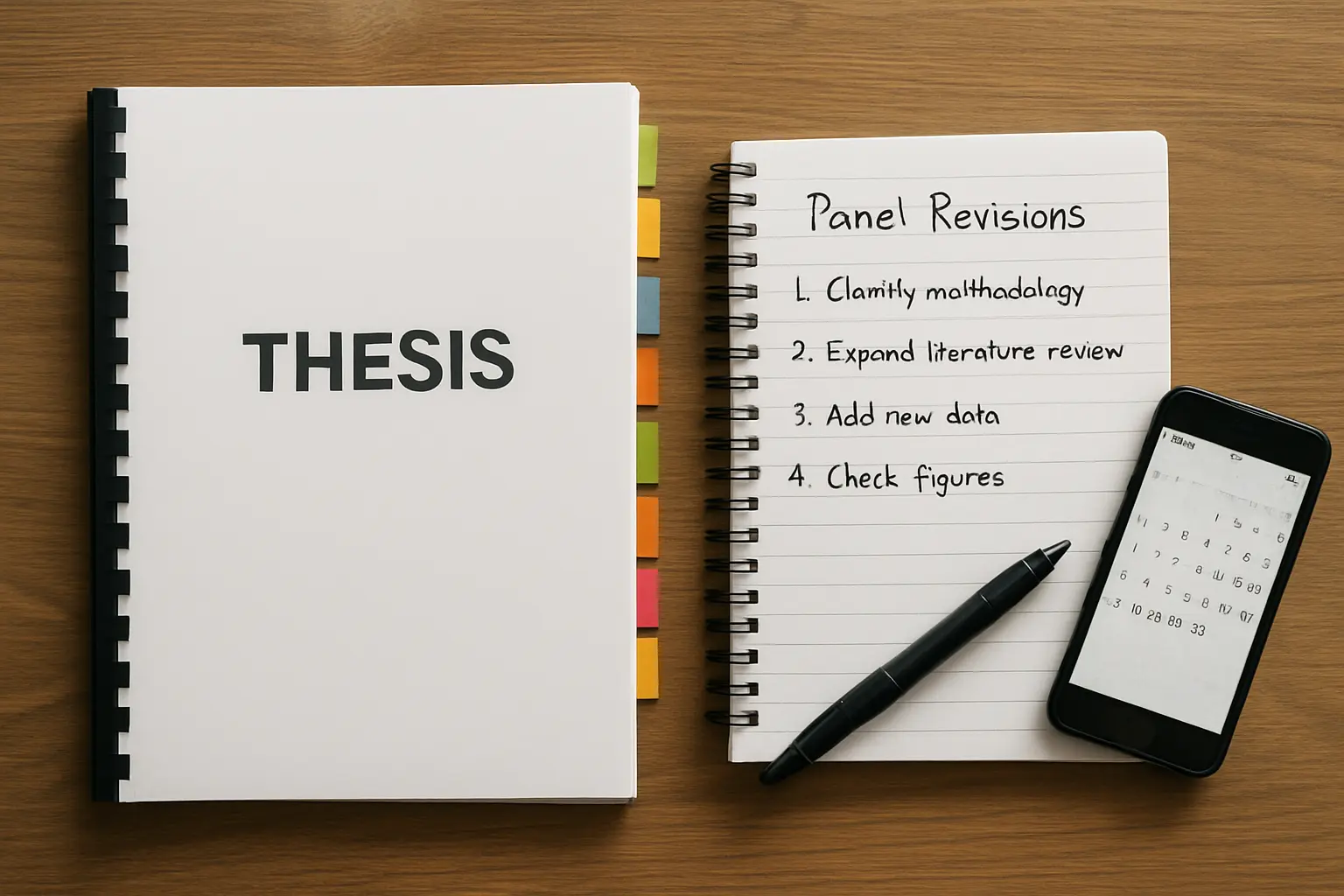 A handwritten list of panel revisions beside a bound thesis with sticky flags