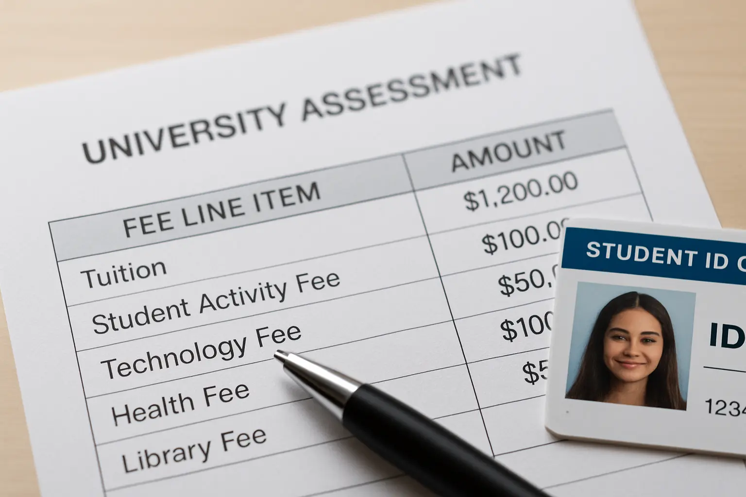 A printed university assessment form with fee line items and a pen pointing at one row