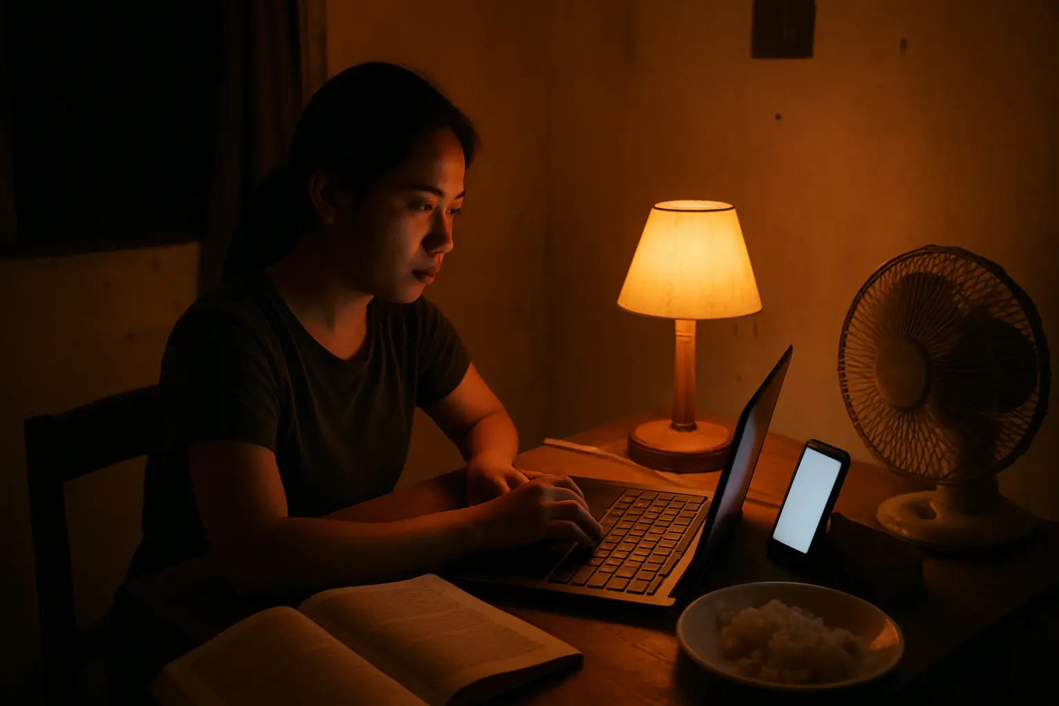 A student editing a thesis chapter on a laptop tethered to a phone showing a low mobile data balance