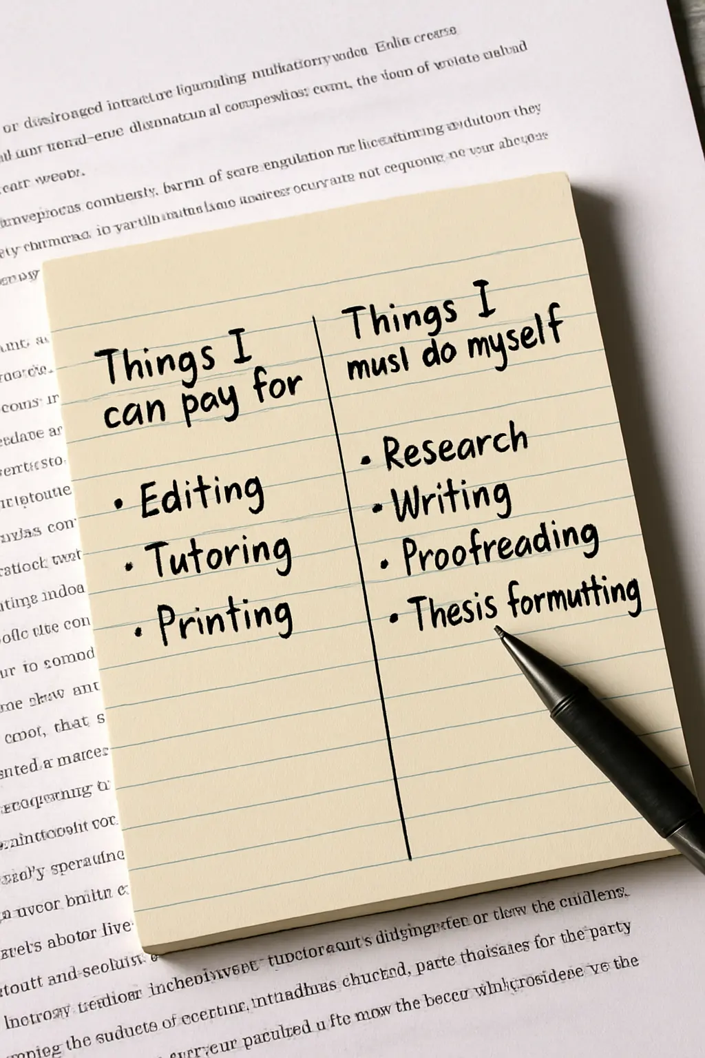 A handwritten two-column list separating tasks a student may pay someone to do from tasks they must do themselves