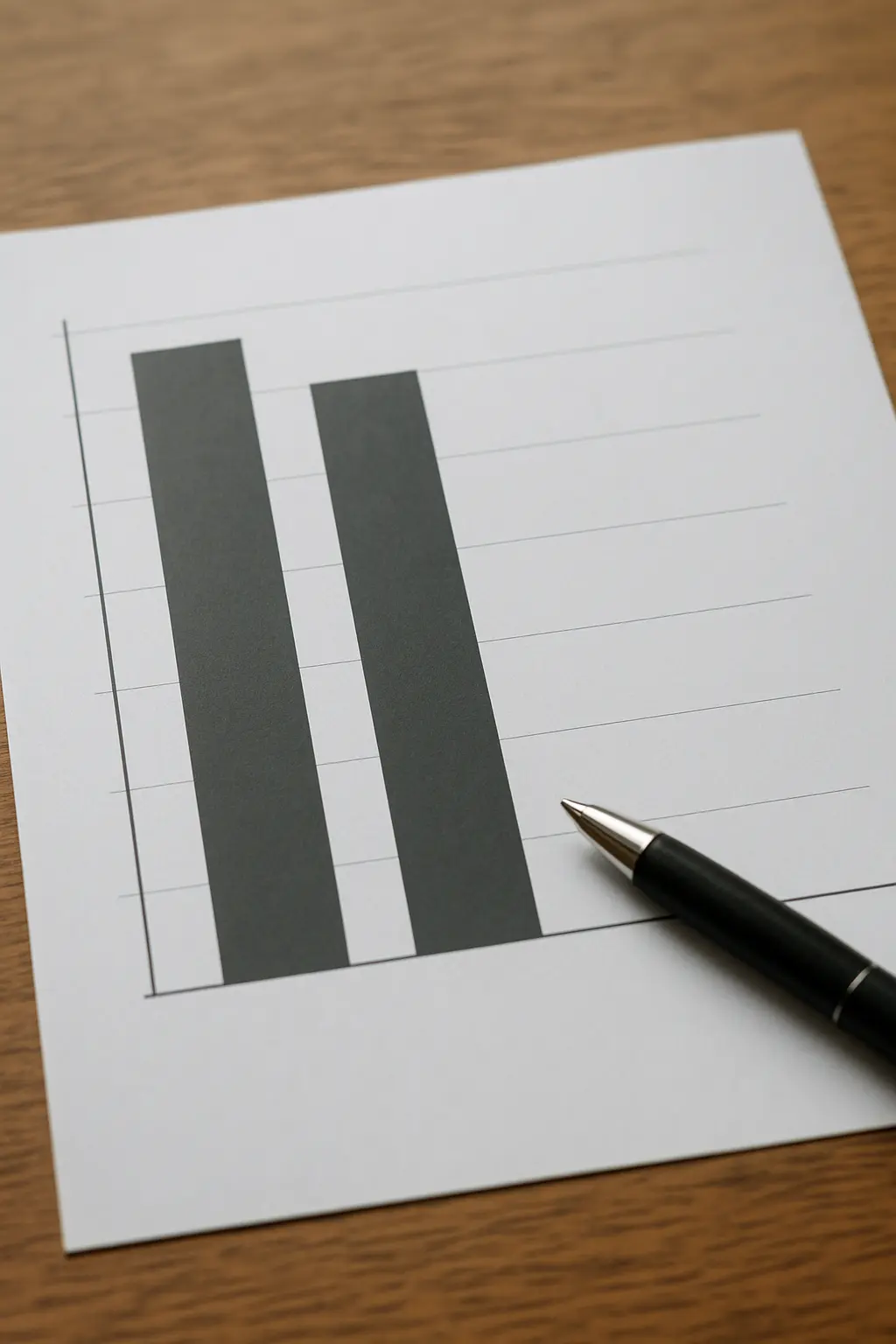 A printed bar chart in which one bar is barely visible beside several that run off the top of the page