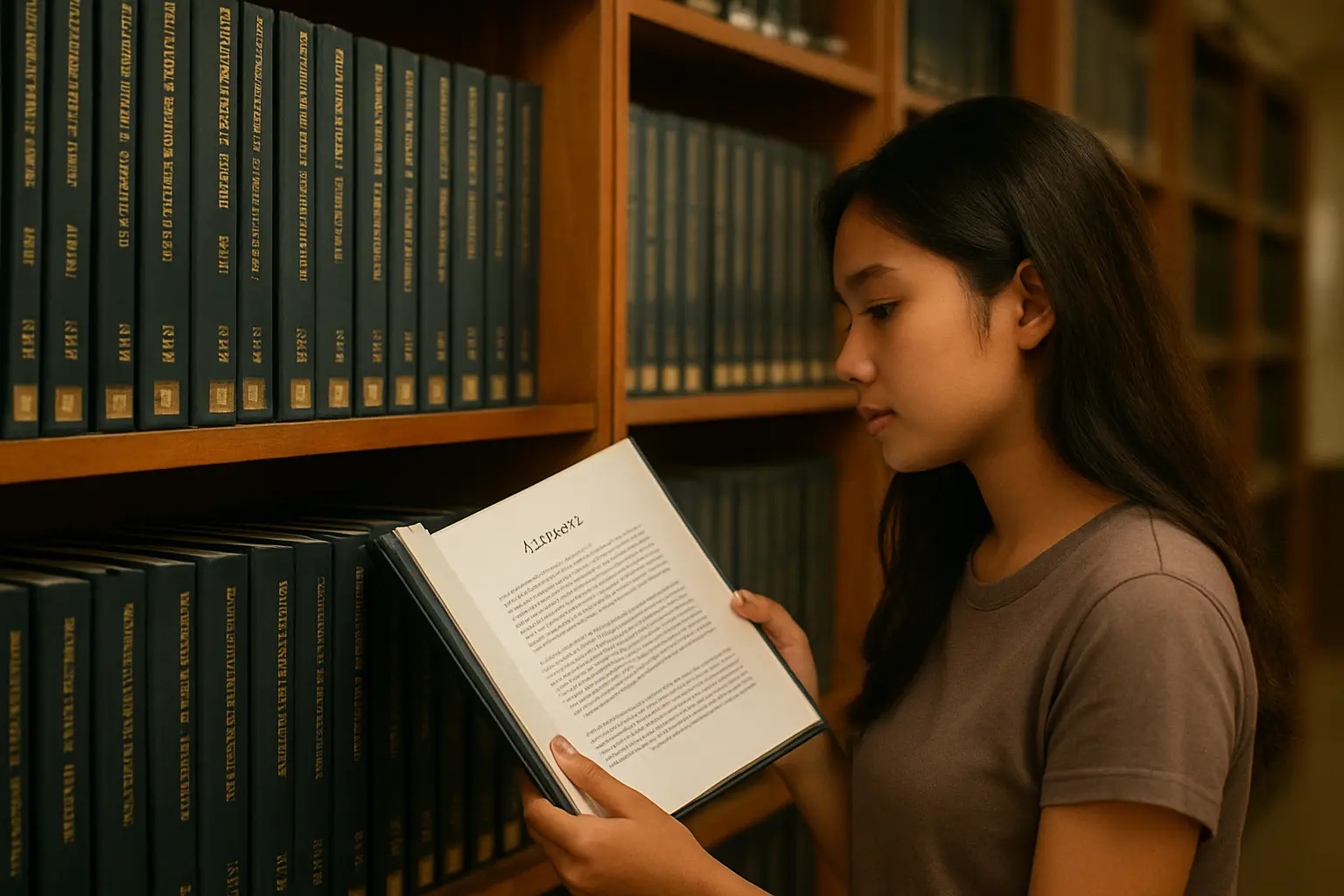 Shelves of bound undergraduate theses in a Philippine university library reading room