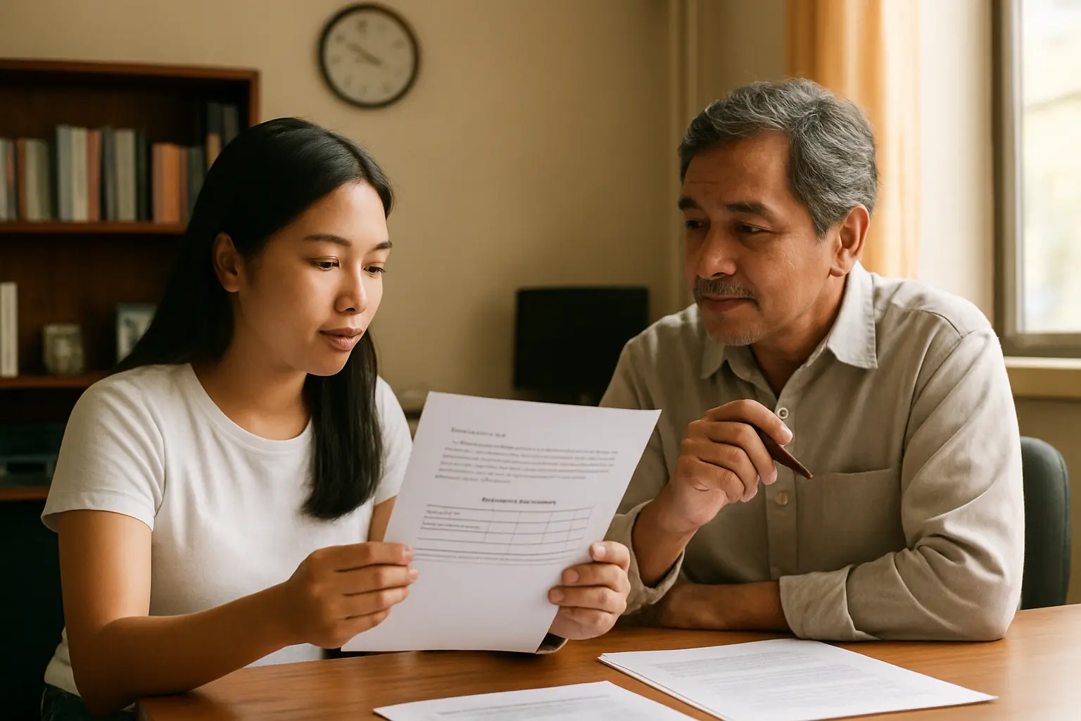 A student showing an adviser a printed gap statement supported by a counted search log
