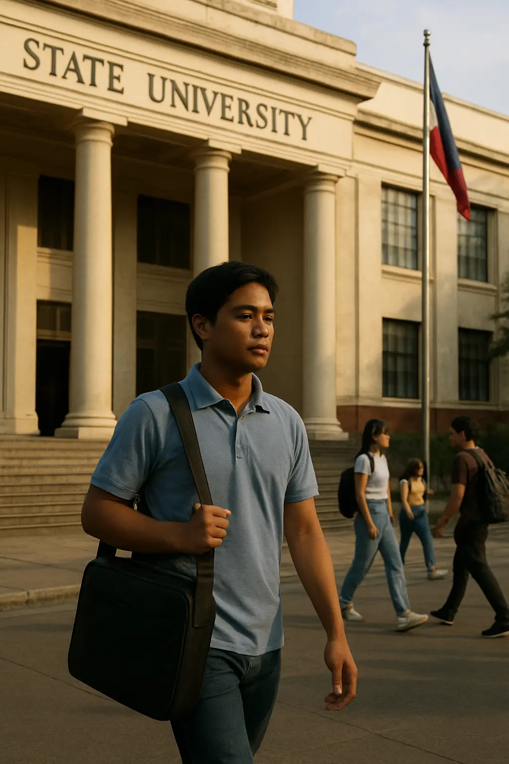 A Filipino student walking past a state university building entrance carrying a laptop bag