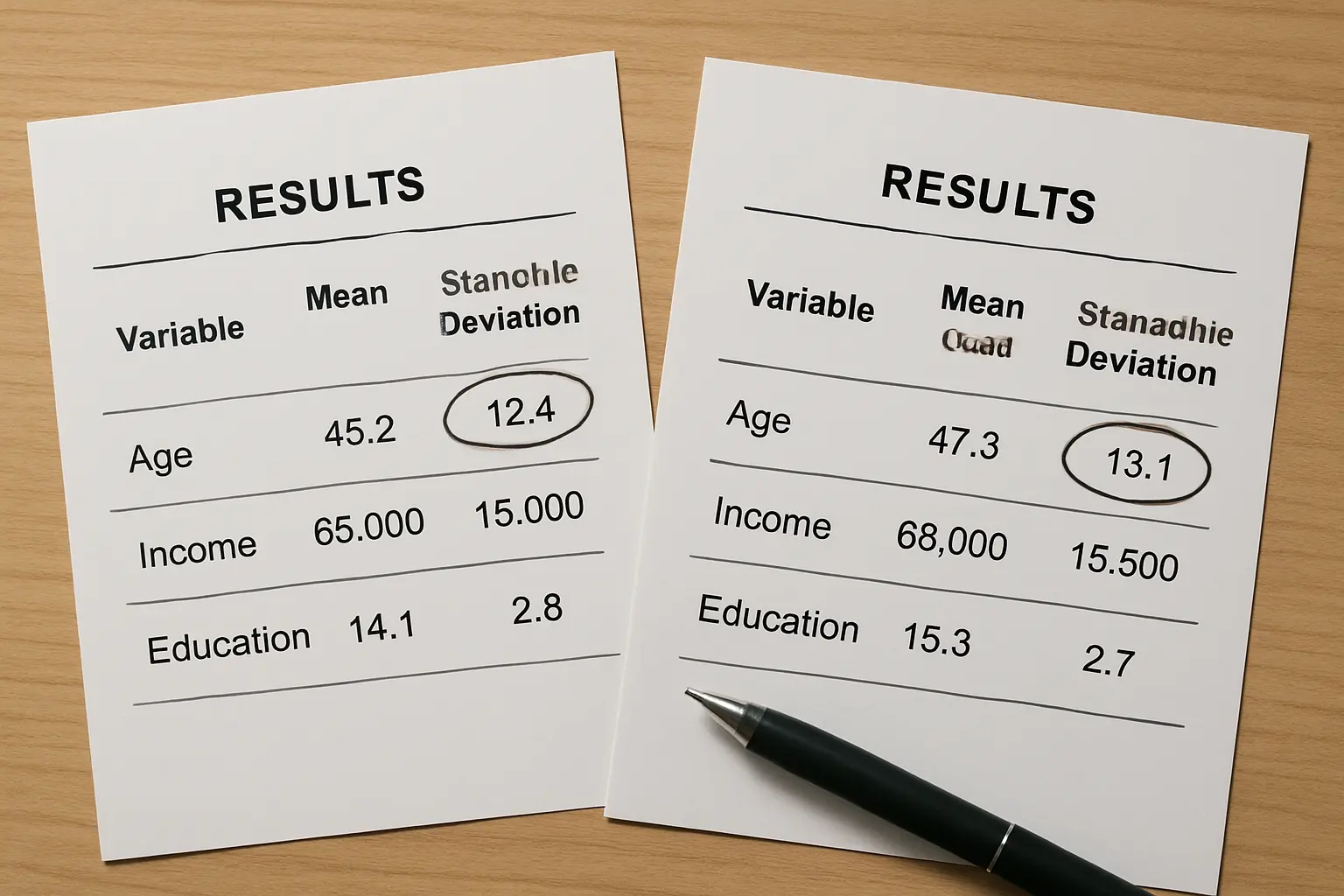 Two printed results tables whose notes report different sample sizes, both numbers circled in pen