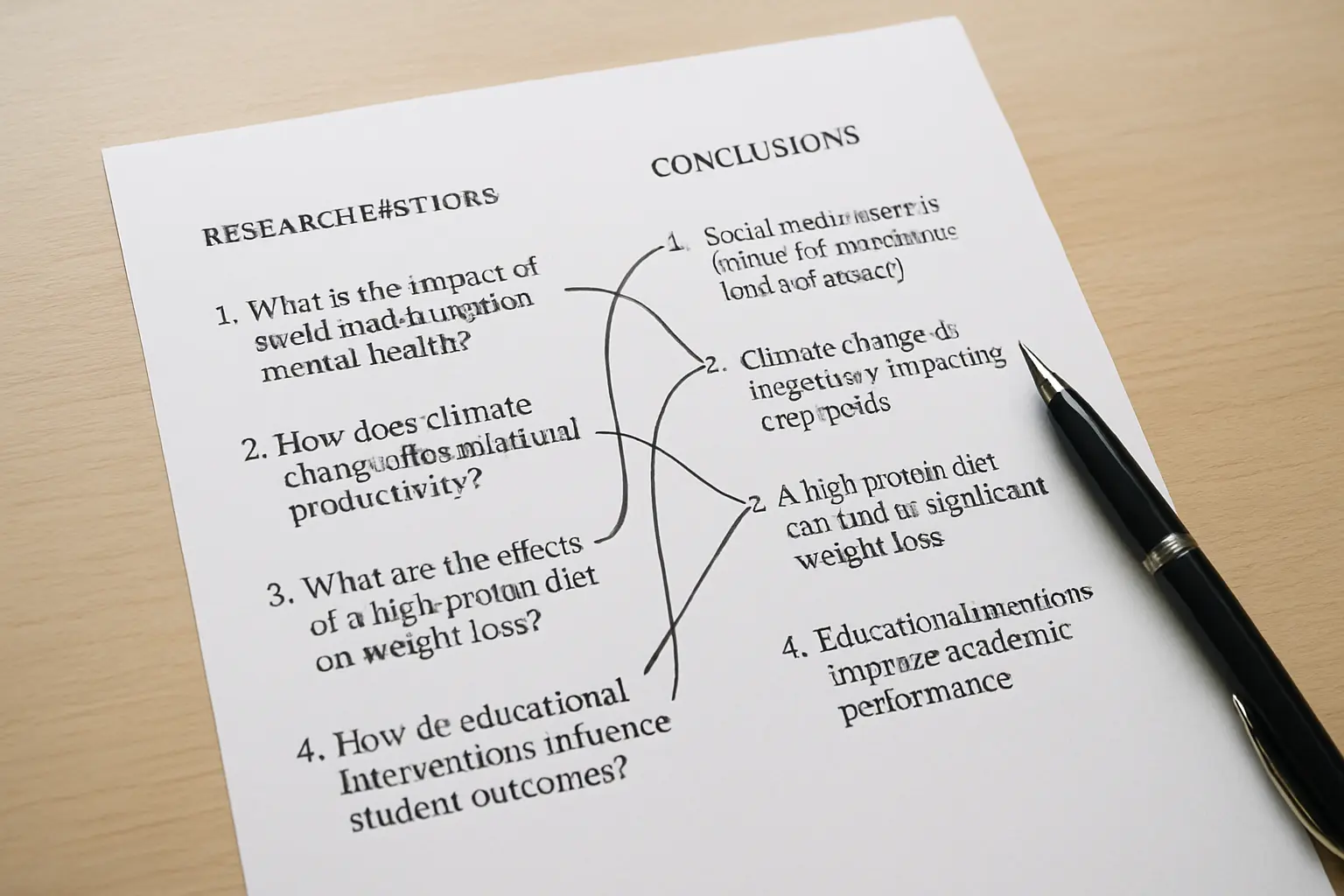 Four numbered research questions matched one to one with four numbered conclusions by pen lines