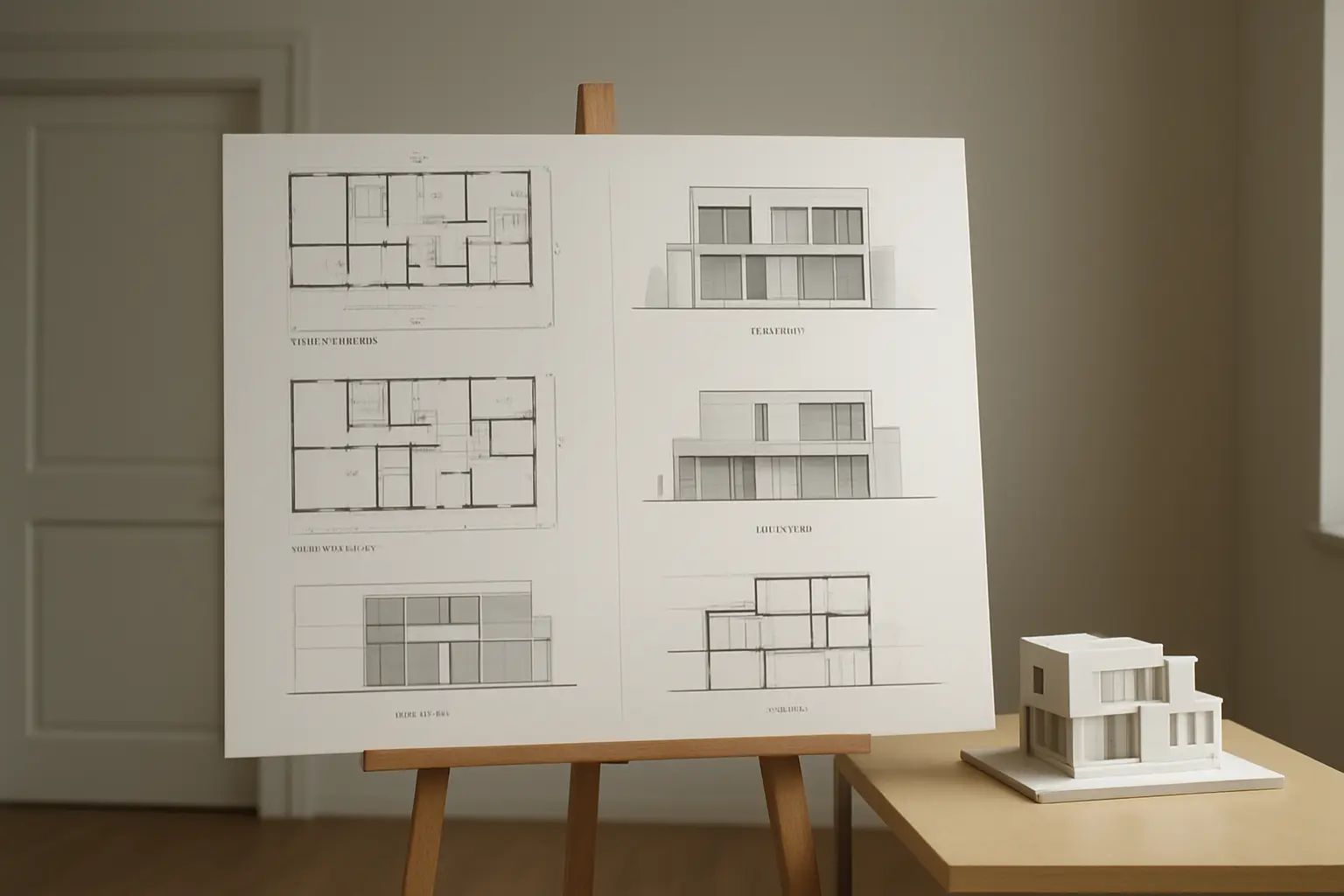 Architecture thesis presentation plates with floor plans, elevations and a scaled model displayed in a review room