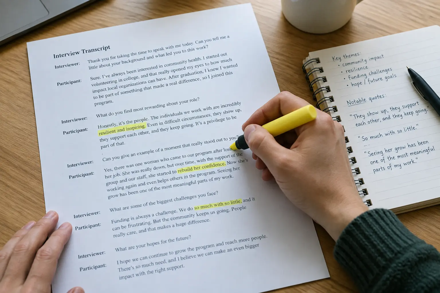 Close-up of a researcher highlighting phrases in a printed interview transcript while coding it