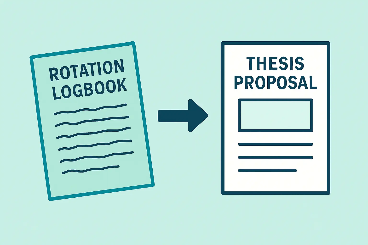 Illustration contrasting a rotation logbook with a structured thesis proposal document