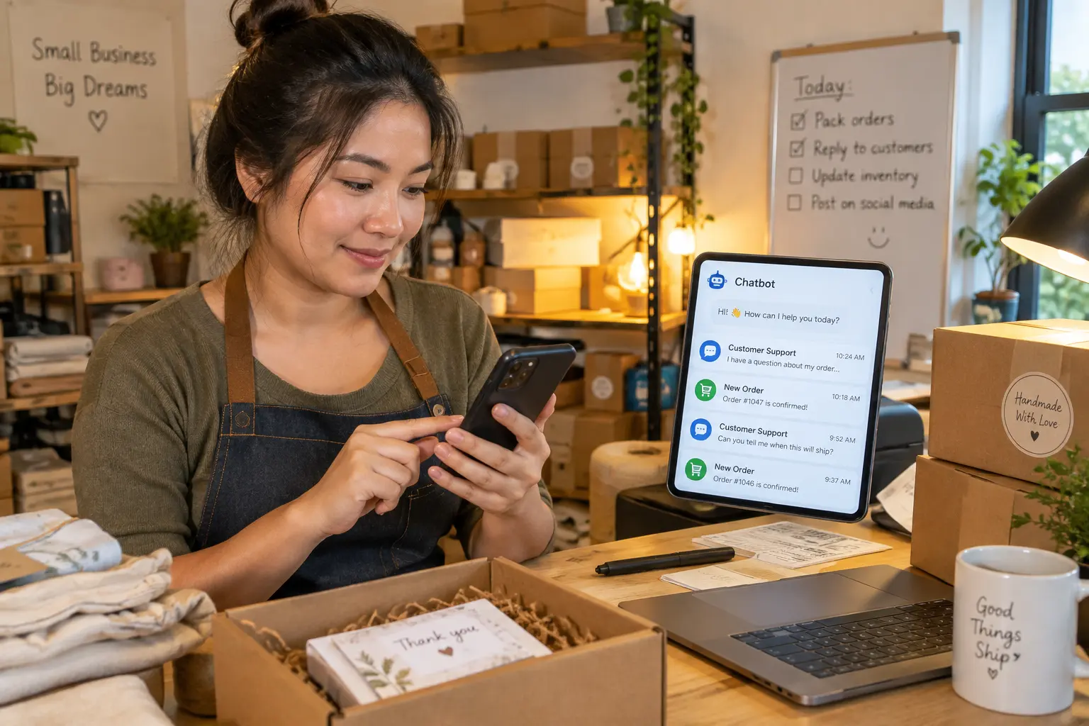 A small business owner checking chatbot customer service messages on a smartphone at a packing station