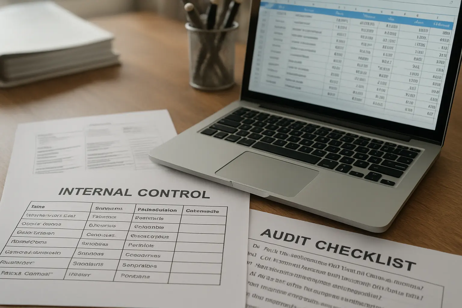 Internal control audit documents and a checklist beside a laptop showing a financial spreadsheet