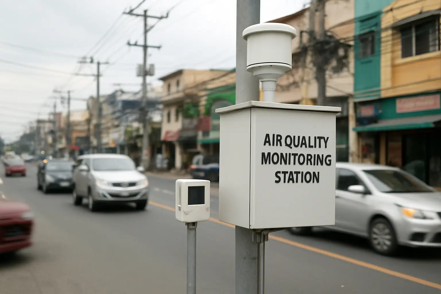 An air quality monitoring sensor mounted on a pole beside a busy city street with traffic