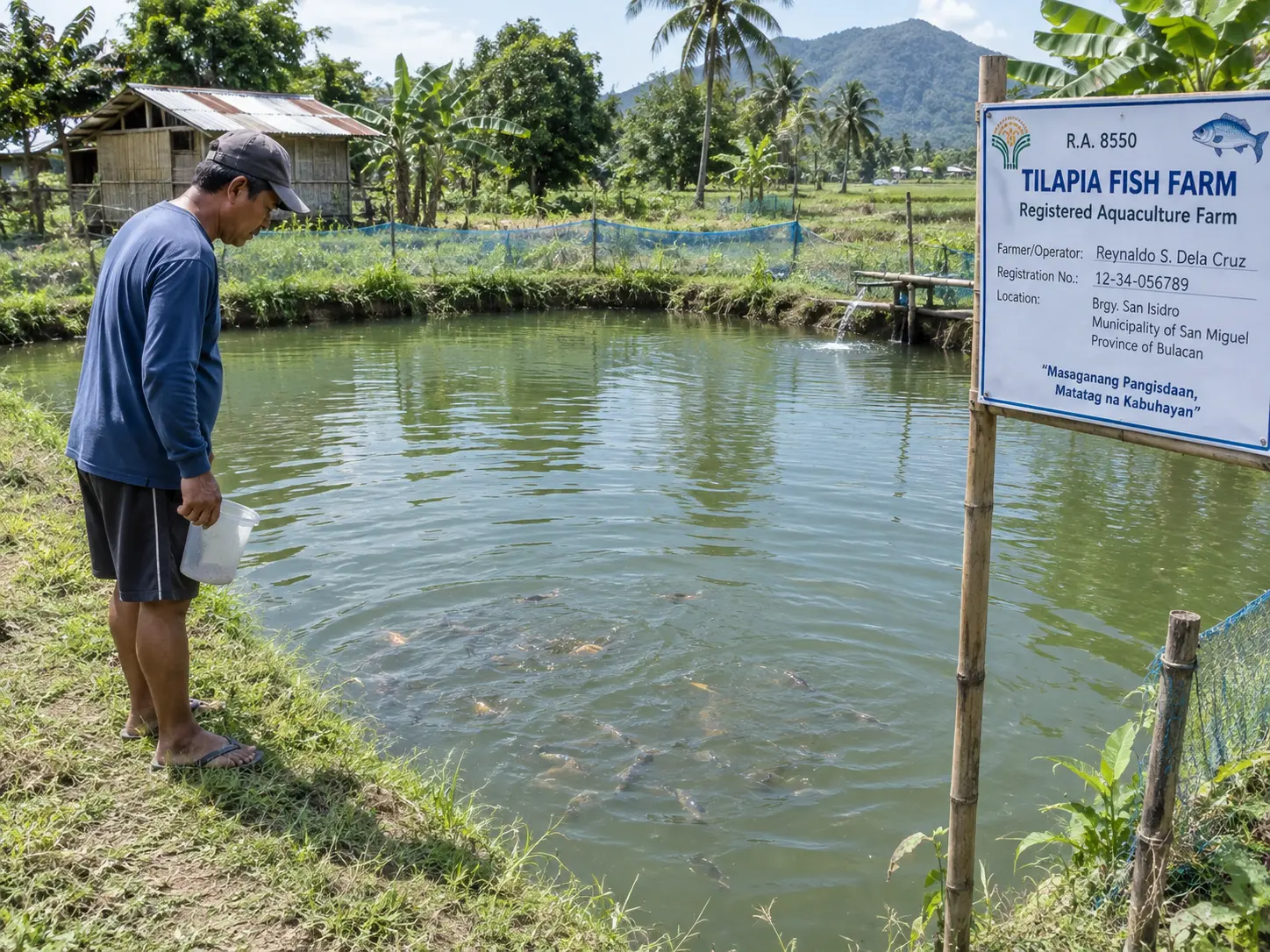 A BFAR-registered small-scale fishpond aquaculture operation in the Philippines with visible signage