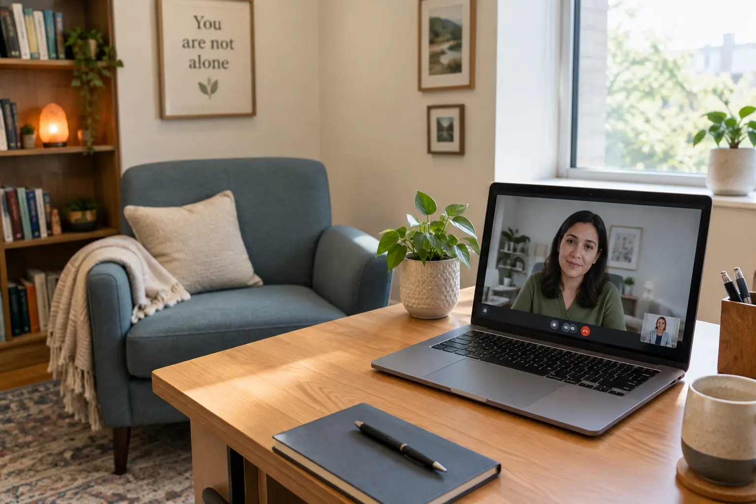 A counselor's office desk with a laptop showing a teleconsultation video call interface