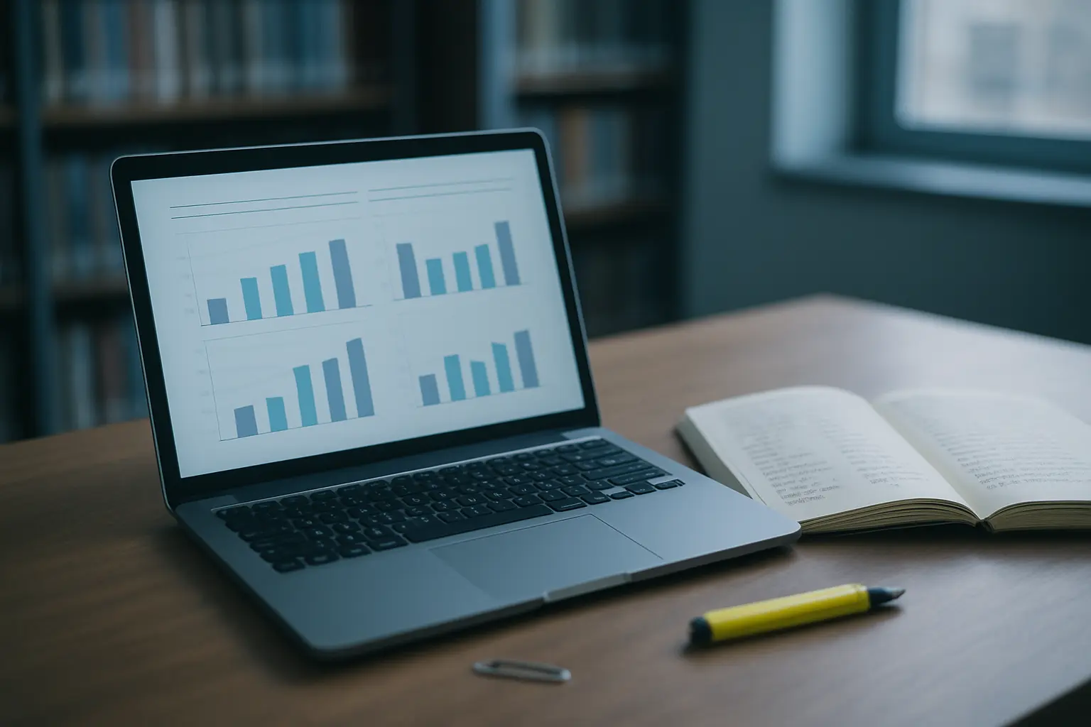 A laptop showing a government statistics dashboard beside a notebook where figures have been copied with their sources and years
