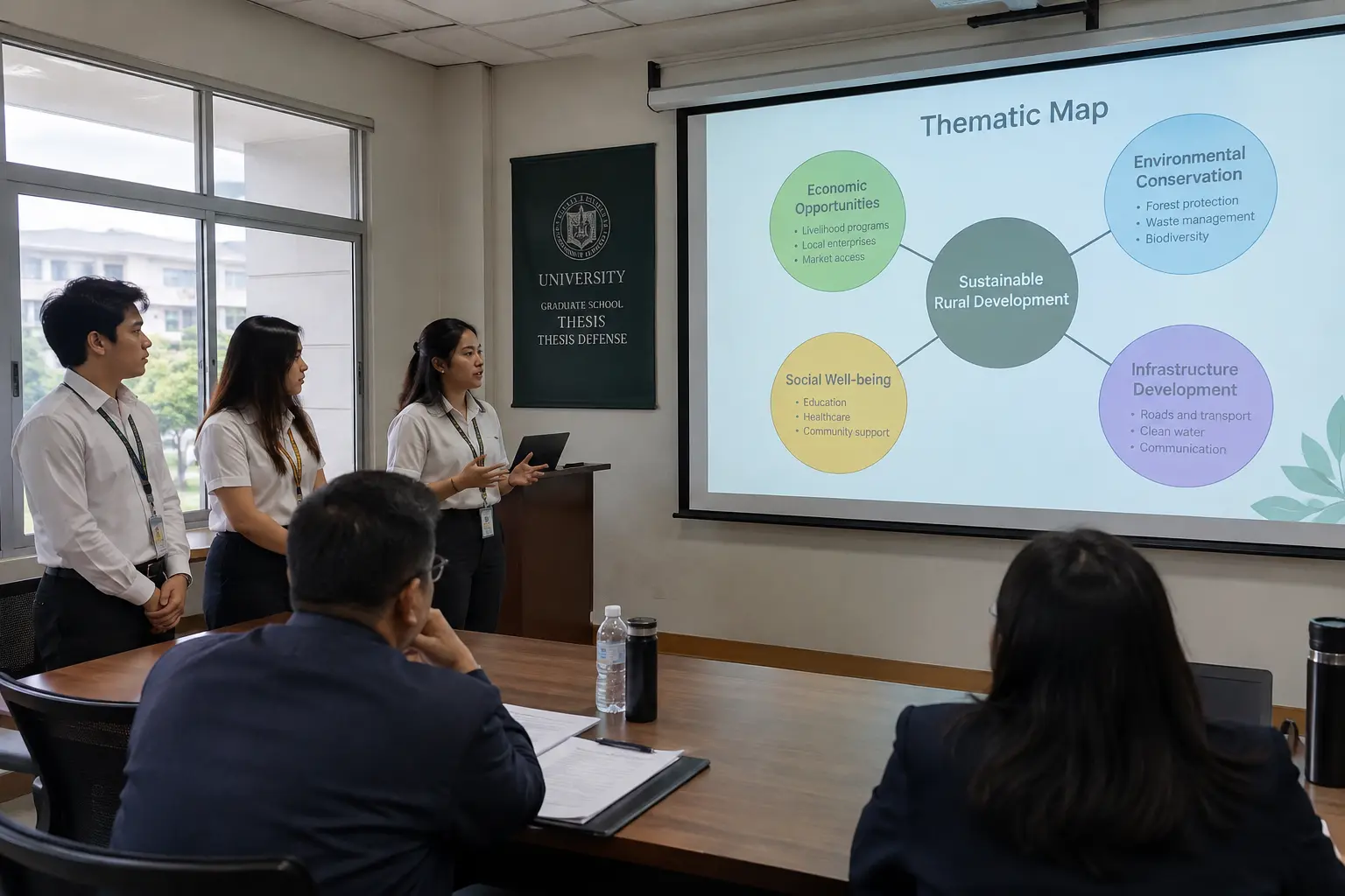 Students presenting a thematic map with connected theme bubbles on a projector screen at a thesis defense