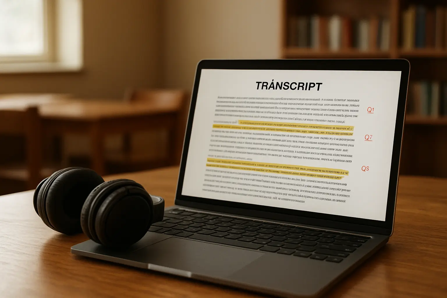 A laptop showing an interview transcript with highlighted passages and coded margin notes beside a pair of headphones