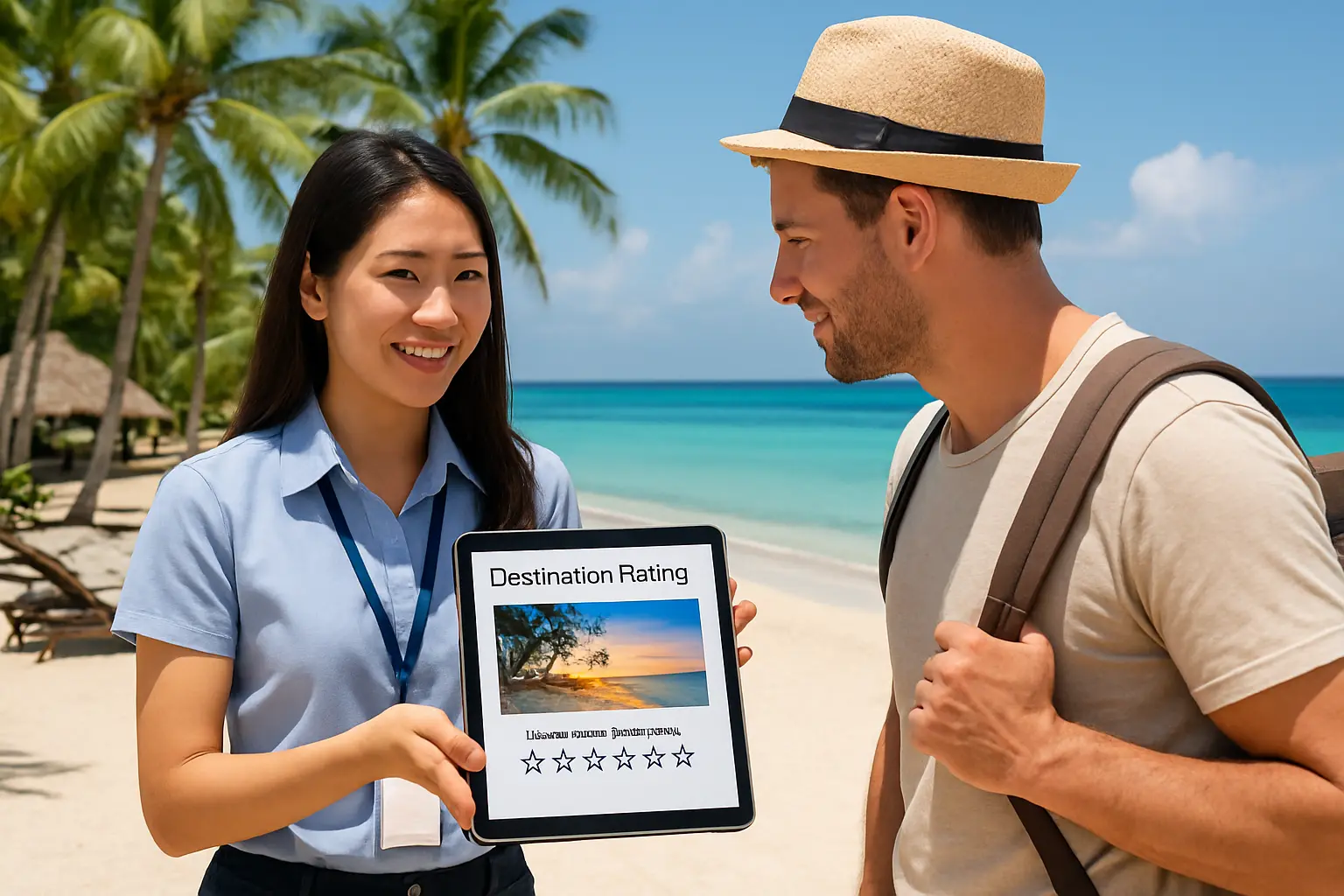 A tourism student showing a tablet survey with destination image rating scales to a tourist at a Philippine beach resort