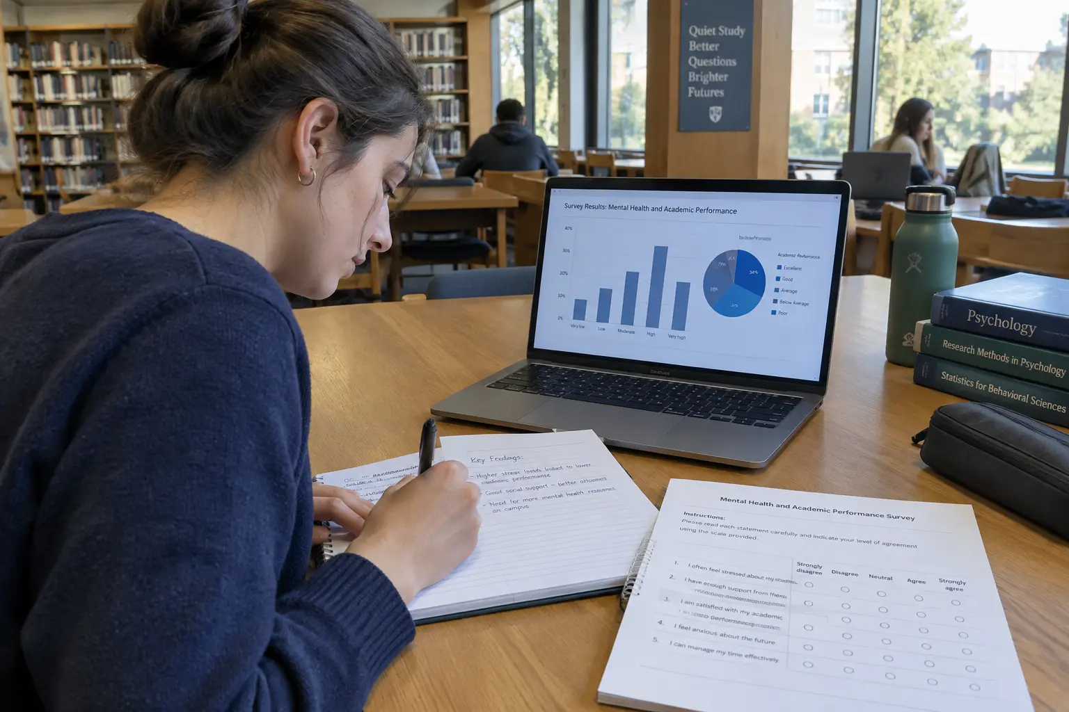 A psychology student drafting a survey questionnaire with a laptop showing a statistics chart
