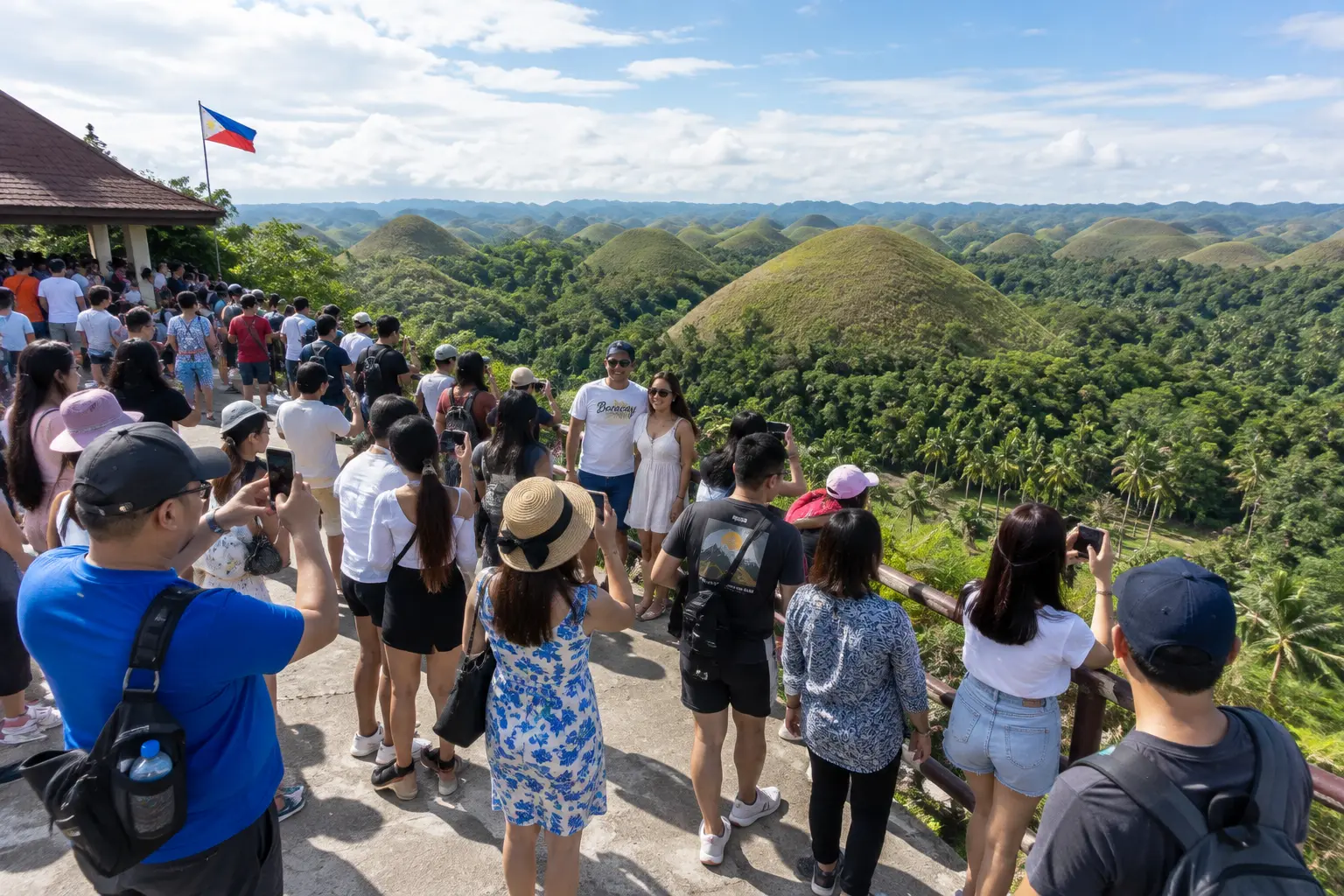 Many tourists gathered at a crowded scenic viewpoint showing visitor density at a popular destination