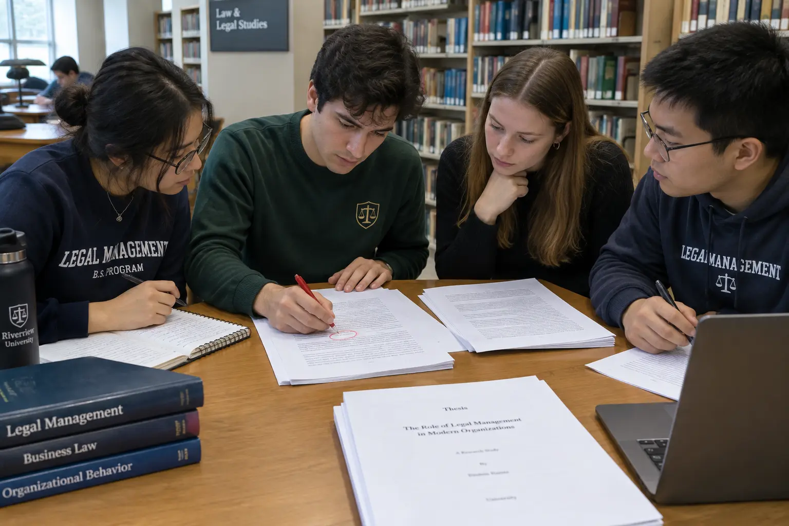 Legal Management students proofreading a printed thesis manuscript together, one circling a word with a red pen