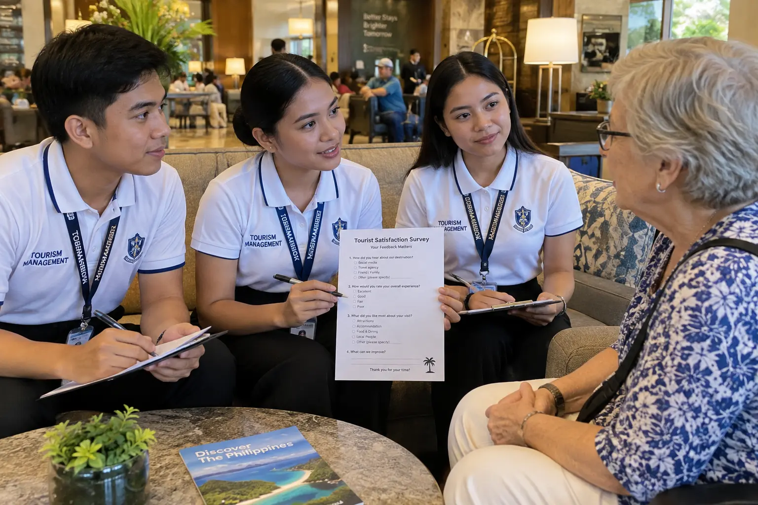 Tourism students administering a traveler experience survey to a senior citizen guest in a hotel lobby