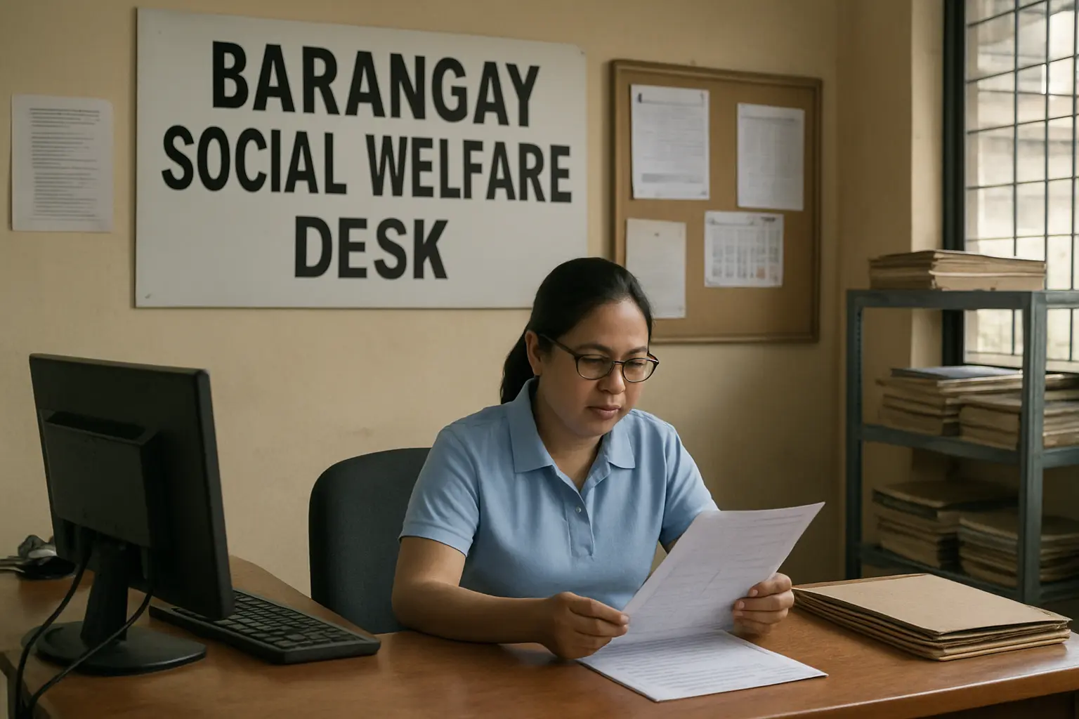 Barangay social welfare officer consulting a beneficiary list at a community office desk