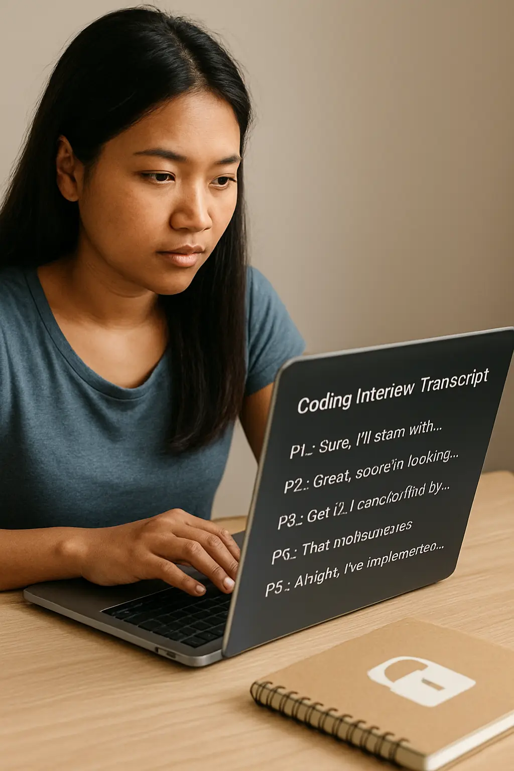 A Filipino social work student coding interview transcripts with participant names replaced by numbered codes on a laptop