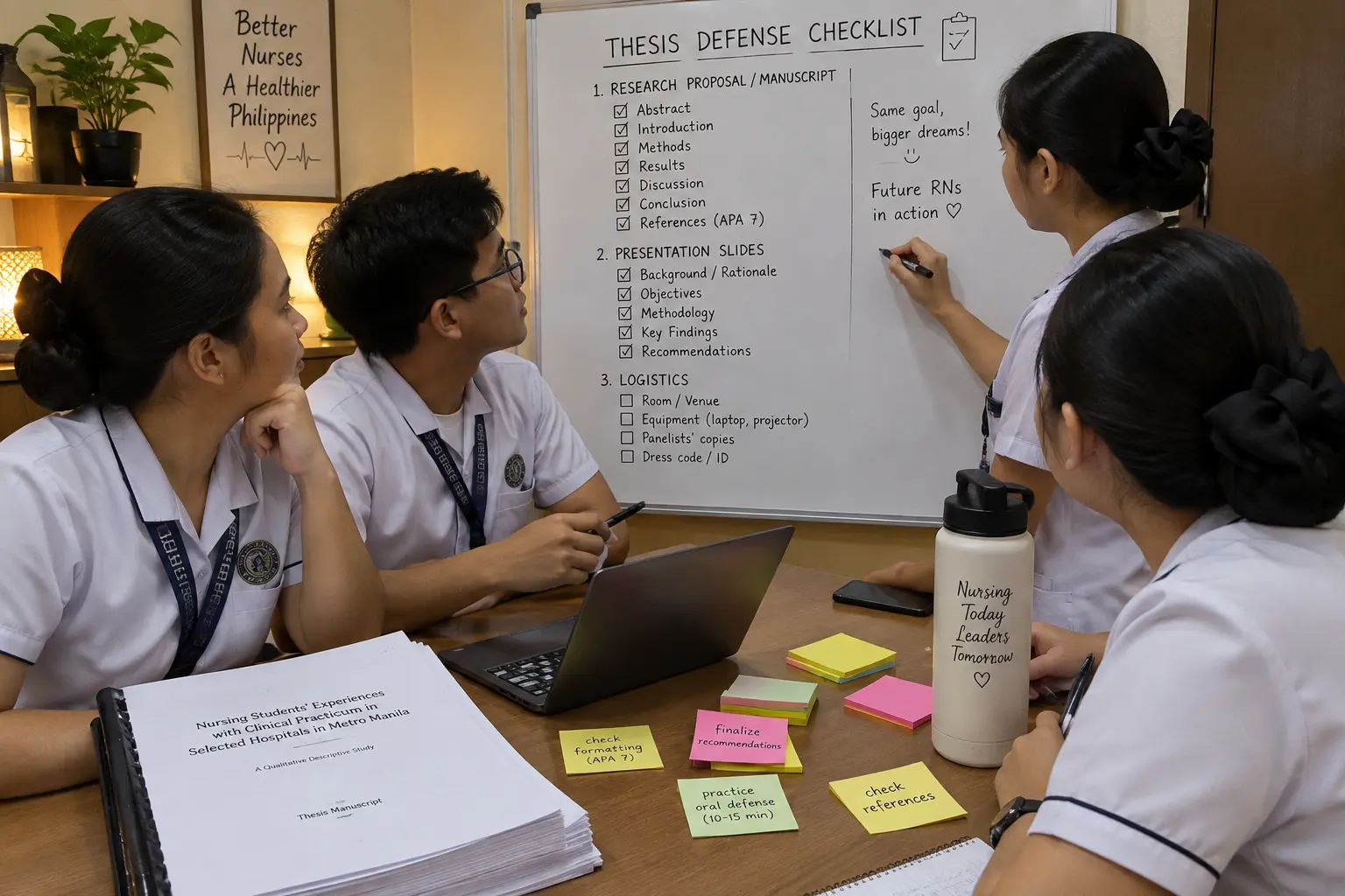 Nursing students building a pre-defense checklist on a whiteboard with a printed thesis manuscript nearby